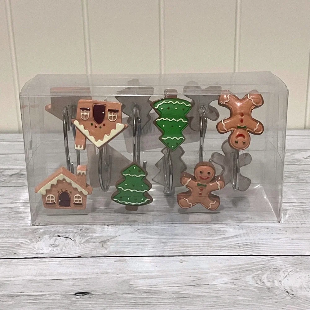Christmas Gingerbread Man Tree House Shower Curtain Hooks Set of 12 New